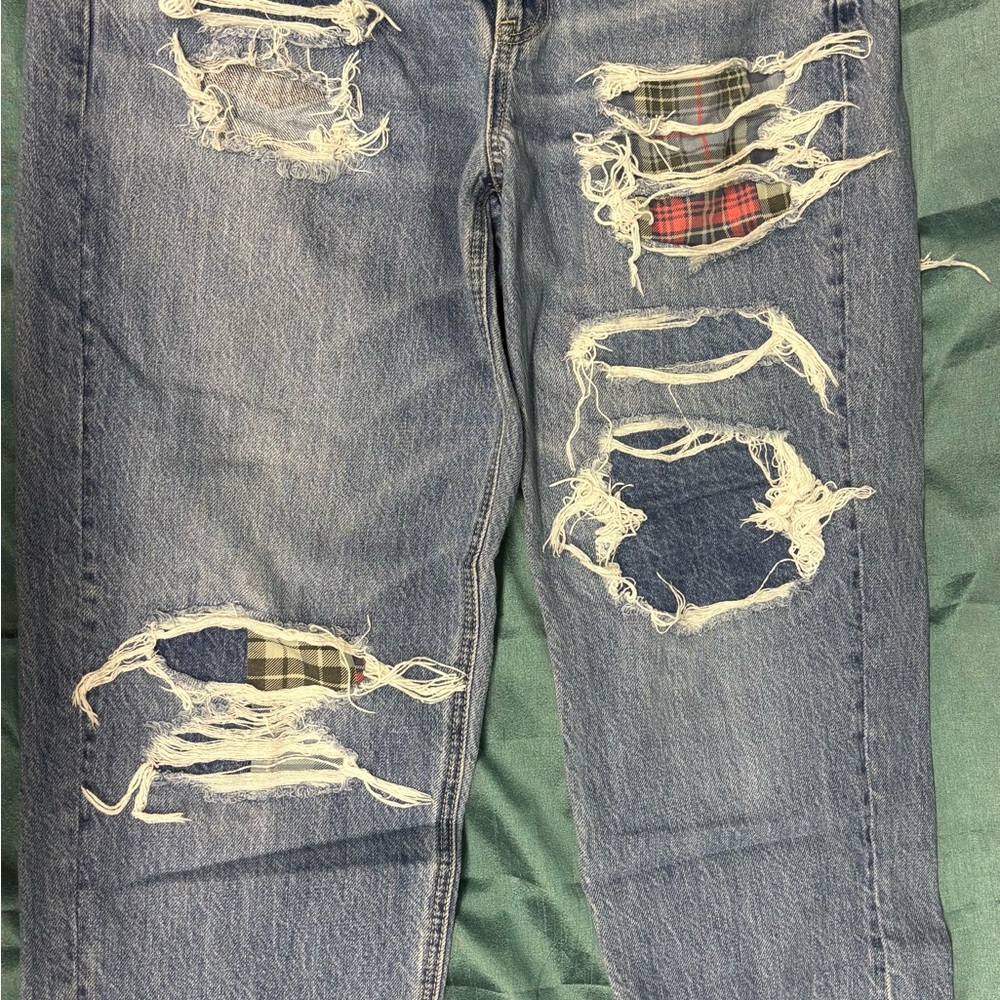 American Eagle Outfitters Blue Jeans with Plaid Accents